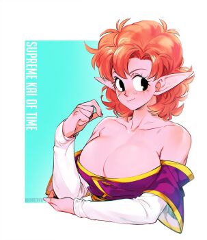 1girl bad_id bad_twitter_id bare_shoulders black_eyes border breasts character_name chronoa cleavage closed_mouth colored_skin dragon_ball dragon_ball_heroes dragon_ball_xenoverse fluffy_hair highres kaioushin khirzava large_breasts looking_to_the_side medium_hair off_shoulder orange_hair pink_skin pointy_ears prototype_design shirt side_part smile solo strapless strapless_shirt twitter_username upper_body white_arm_warmers white_border