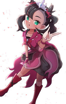 1girl :o absurdres asymmetrical_bangs black_boots black_bow black_bowtie black_dress black_hair blush boots bow bowtie breasts collarbone dress fingerless_gloves full_body gloves green_eyes hair_ribbon half_gloves hand_up highres jewelry leaning_forward looking_at_viewer marnie_(champion)_(pokemon) marnie_(pokemon) nintendo official_alternate_color official_alternate_costume official_alternate_hairstyle open_mouth pink_dress pokemon pokemon_masters_ex purple_dress red_boots ribbon ring rono_(lethys) simple_background single_half_glove small_breasts solo tiara twintails undercut wavy_hair white_background wristband