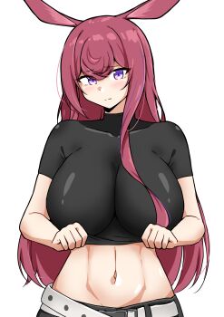 1girl absurdres animal_ears arknights black_shirt blush breasts closed_mouth clothes_lift commentary_request covered_collarbone embarrassed hair_between_eyes highres impossible_clothes large_breasts lifting_own_clothes long_hair looking_at_viewer midriff multicolored_hair navel pink_hair purple_eyes purple_hair ray_(arknights) shirt shirt_lift short_sleeves simple_background solo streaked_hair white_background xibu_cai