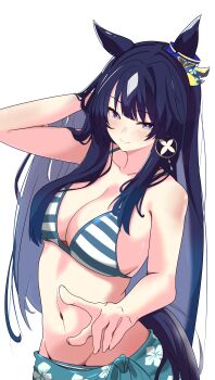 1girl absurdres animal_ears at07221477 bare_shoulders bikini blue_bikini blue_eyes blue_hair blue_sarong blush breasts cleavage closed_mouth collarbone ear_ornament earrings floral_print_sarong hair_between_eyes highres hoop_earrings horse_ears horse_girl horse_tail jewelry large_breasts long_hair looking_at_viewer mole mole_under_eye multicolored_hair navel purple_eyes sarong simple_background smile solo stomach striped_bikini striped_clothes swimsuit tail umamusume verxina_(umamusume) white_background white_bikini