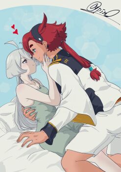 2girls 715piro_gon absurdres asticassia_school_uniform black_hairband blue_eyes camisole closed_mouth commentary_request green_camisole green_shorts grey_eyes grey_hair gundam gundam_suisei_no_majo hairband hand_on_another's_back heart highres jacket kneeling long_hair miorine_rembran multiple_girls on_bed pillow ponytail pout red_hair school_uniform shorts smile suletta_mercury white_jacket white_shorts yuri