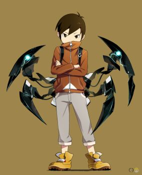 1boy brown_eyes brown_hair child commentary_request crossed_arms full_body jacket looking_at_viewer male_focus noeyebrow_(mauve) original science_fiction solo standing treize_(mauve)