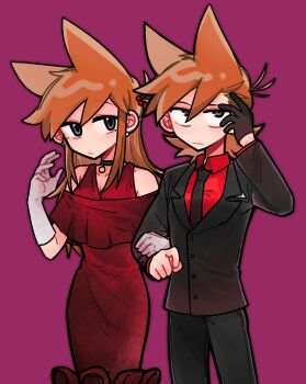 Rule 34 | 1boy, 1girl, absurdres, alternate costume, antenna hair, arm hug, bare shoulders, black choker, black eyes, black gloves, black jacket, black necktie, black pants, breasts, brown hair, buwangchuxingaoyixin, chinese commentary, choker, cleavage, closed mouth, clothing cutout, collarbone, collared shirt, commentary request, cowboy shot, double-parted bangs, dress, dual persona, earrings, eddsworld, elbow gloves, frilled dress, frills, frown, gloves, hair behind ear, hair between eyes, hair bobbles, hair horns, hair ornament, hand up, highres, jacket, jewelry, jitome, lapels, layered sleeves, long hair, long sleeves, mole, mole under each eye, mole under eye, multiple moles, necktie, no nose, notched lapels, pants, pink background, ponytail, red dress, red shirt, shirt, short hair, short ponytail, shoulder cutout, sidelocks, simple background, standing, stud earrings, swept bangs, tord (eddsworld), tori (eddsworld), upturned eyes, very long hair, white gloves