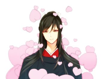 Rule 34 | 1boy, black coat, black hair, coat, commentary request, eyeliner, hair ribbon, heart, japanese clothes, kariginu, kimono, long hair, looking at viewer, makeup, male focus, masami (souzou jinsei sanka), ponytail, red eyeliner, red kimono, ribbon, solo, tarou tachi, touken ranbu, white background, white ribbon