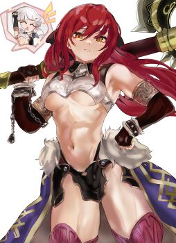2girls absurdres ancient_greek_clothes armor bikini_armor breasts commentary_request cosplay elbow_gloves fate/grand_order fate/strange_fake fate_(series) fingerless_gloves gloves goddess_of_war_(fate) greco-roman_clothes highres hippolyta_(fate) holding klash looking_at_viewer medium_breasts multiple_girls navel open_mouth penthesilea_(fate) penthesilea_(fate)_(cosplay) red_hair short_hair siblings simple_background sisters underboob weapon white_hair yellow_eyes