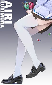 1girl airi_(blue_archive) black_shoes blue_archive character_name chinese_commentary commentary_request food frilled_skirt frills highres ice_cream legs lower_body miniskirt painterliuhao pleated_skirt school_uniform shoes skindentation skirt solo thighhighs white_skirt white_thighhighs