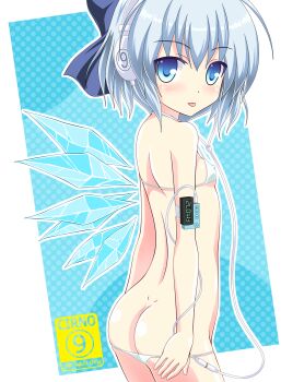 1girl :p ass bad_id bad_pixiv_id bikini blue_eyes blue_hair bow butt_crack circled_9 cirno mp3_player female_focus flat_chest hair_bow headphones highres ice ice_wings loli lowleg lowleg_bikini matching_hair/eyes mooning noveske_n4 panties panty_pull short_hair side-tie_bikini_bottom solo swimsuit tongue tongue_out touhou underwear wings
