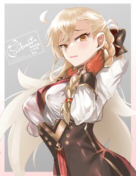 1girl ahoge asymmetrical_bangs black_skirt blonde_hair blush breasts collared_shirt commentary_request fate/grand_order fate_(series) gloves gold_trim hair_ribbon high-waist_skirt highres large_breasts long_hair long_sleeves looking_at_viewer necktie olga_marie_animusphere olga_marie_animusphere_(unbeast) open_mouth orange_eyes panda=hiro pencil_skirt red_gloves ribbon shirt skirt solo tearing_up white_shirt