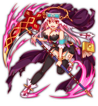 1girl adapted_costume alternate_costume anime_coloring anklet aqua_garter_straps aqua_wrist_cuffs artist_request bare_shoulders belt belt_buckle black_dress black_thighhighs book bracelet breasts buckle buttoned_cuffs buttons cape charlotte_(crash_fever) coif crash_fever cross cross_print dress full_body game_cg garter_straps gold_anklet gold_bracelet gold_buckle gold_necklace hair_between_eyes holding holding_scythe jewelry large_breasts leg_tattoo leg_up long_sidelocks looking_at_viewer lower_teeth_only necklace number_print number_tattoo numbered official_alternate_costume official_art open_mouth outline pink_eyes pink_hair purple_belt purple_cape purple_veil red_outline scythe sidelocks solo square square_print square_tattoo strapless strapless_dress tachi-e tattoo teeth thighhighs third-party_source tight_clothes tight_dress tongue torn_cape torn_clothes torn_veil transparent_background two-tone_footwear veil waist_cape white_coif white_footwear wrist_cuffs