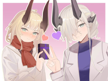 Rule 34 | 2girls, absurdres, ahoge, arknights, black horns, blonde hair, blush, border, box, brown horns, chinese commentary, closed mouth, commentary request, green eyes, hair over one eye, heart, highres, holding, holding box, horns, jacket, lapels, long hair, looking at viewer, multiple girls, necrass (arknights), nose blush, one eye covered, open clothes, open jacket, outline, outside border, pink background, purple shirt, red scarf, reed (arknights), scarf, shirt, short hair, siblings, sisters, smile, sweater, turtleneck, turtleneck shirt, upper body, v, valentine, white border, white jacket, white outline, white sweater, youqimin (jiegaozhong)