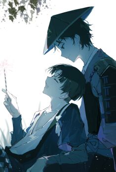 2boys :d ^_^ armor black_hair bloom blunt_ends branch breastplate brown_eyes chinese_commentary closed_eyes closed_mouth collarbone commentary_request eyelashes fireworks genshin_impact grass hand_up haori hat highres holding holding_fireworks imatani_keisuke jacket japanese_armor japanese_clothes jingasa kimono layered_sleeves long_sleeves looking_at_another looking_down male_focus multiple_boys open_mouth parted_bangs profile purple_shirt reclining sakujirou_(genshin_impact) samurai shirt short_hair short_over_long_sleeves short_sleeves shoulder_armor sidelocks smile sode sparkler white_kimono yaoi yue_(shemika98425261)