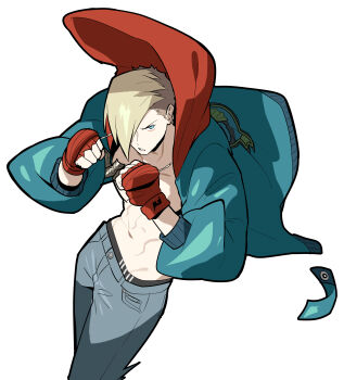 1boy absurdres blonde_hair blue_jacket clenched_hands cropped_legs ed_(street_fighter) fighting_stance fingerless_gloves gloves hair_over_one_eye highres hood hooded_jacket jacket jewelry long_sleeves male_focus necklace open_clothes open_jacket pants sach56000 solo street_fighter street_fighter_6 toned toned_male white_background