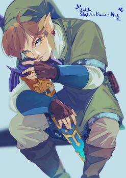 1boy blonde_hair blue_background blue_eyes boots brown_boots brown_gloves closed_mouth commentary_request copyright_name earrings fingerless_gloves gloves green_hat green_tunic hat highres invisible_chair jewelry link male_focus master_sword nintendo pants piercing pisu_1107 pointy_ears shirt sitting solo sword the_legend_of_zelda the_legend_of_zelda:_skyward_sword tunic weapon white_pants white_shirt