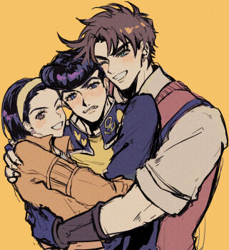 1girl 2boys absurdres anchor_symbol battle_tendency blue_eyes blush brown_eyes brown_hair commentary_request diamond_wa_kudakenai earrings embarrassed ewokakekou0127 father_and_son fingerless_gloves gakuran gloves green_eyes grin hairband higashikata_josuke higashikata_tomoko highres hug jewelry jojo_no_kimyou_na_bouken joseph_joestar joseph_joestar_(young) long_sleeves mother_and_son multiple_boys mutual_hug one_eye_closed orange_background peace_symbol pompadour purple_hair school_uniform short_hair simple_background smile sweater_vest teeth time_paradox