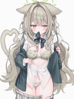 1girl absurdres animal_ears blue_archive blush bow bowtie bra breasts cat_ears cat_tail cleavage collared_shirt green_bra green_jacket green_panties grey_hair grey_skirt hair_bow halo highres jacket long_hair long_sleeves looking_to_the_side medium_breasts miyo_(blue_archive) off_shoulder open_clothes panties shirt shouu-kun skirt solo tail thighs underwear white_shirt yellow_eyes