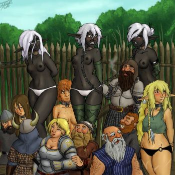 6+boys 6+girls arms_behind_back auction black_panties blonde_hair breasts brown_hair chain collar dark-skinned_female dark_skin dwarf ear_tag elf multiple_boys multiple_girls original panties pointy_ears shabazik slave slave_auction topless_female underwear white_hair white_panties