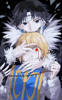 2boys bandaged_head bandages black_eyes black_hair blonde_hair blood bloody_tears blue_tabard chrollo_lucilfer coat commentary_request curtained_hair earrings fur-trimmed_coat fur-trimmed_sleeves fur_trim hand_chains hands_on_another's_face height_difference highres hunter_x_hunter jewelry kurapika looking_at_viewer male_focus multiple_boys parted_lips red_eyes sevenlistening short_hair simple_background tabard teeth upper_body