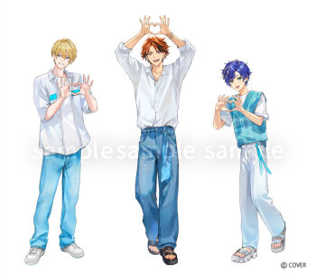 3boys :d aqua_sweater_vest astel_leda black_hair black_sandals blonde_hair blue_eyes blue_hair blue_pants bracelet collared_jacket commentary_request copyright_notice crew_neck curtained_hair denim dress_shirt full_body green_eyes grin hair_between_eyes hands_up heart heart_hands heterochromia holostars jacket jeans jewelry jiwataneho kishido_temma lineup looking_at_viewer male_focus mole mole_under_eye multicolored_hair multiple_boys official_art open_clothes open_jacket open_mouth orange_eyes orange_hair pants plaid_clothes plaid_sweater_vest platform_sandals purple_eyes sample_watermark sandals shirt shirt_tucked_in shoes short_hair short_sleeves simple_background sleeves_rolled_up smile standing streaked_hair suntempo sweater_vest untucked_shirt virtual_youtuber watermark white_background white_jacket white_pants white_sandals white_shirt white_shoes wing_collar yukoku_roberu