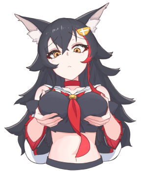 1girl animal_ear_fluff animal_ears black_hair black_serafuku black_shirt black_skirt black_sleeves breast_lift breasts choker commentary_request crop_top cropped_shirt crossed_bangs detached_sleeves double-parted_bangs eihire embarrassed flipped_hair hair_between_eyes hair_ornament hairclip highres hololive kouhaku_nawa long_hair long_sidelocks long_sleeves looking_at_breasts looking_down medium_breasts midriff multicolored_hair navel neckerchief ookami_mio ookami_mio_(1st_costume) red_choker red_neckerchief red_streaks rope sailor_collar school_uniform serafuku shimenawa shirt sidelocks simple_background single_hair_streak skirt sleeve_garter sleeveless sleeveless_shirt solo streaked_hair very_long_hair virtual_youtuber white_background white_sailor_collar wolf_ears yellow_eyes