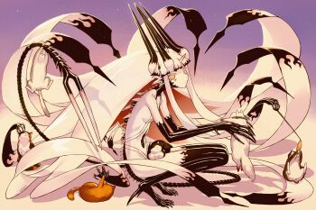 1girl absurdly_long_hair black_skin cat colored_skin eldritch_abomination haraya_manawari highres horns living_hair long_hair looking_at_viewer monster monster_girl multicolored_skin original pale_skin prehensile_hair solo tail tentacles two-tone_skin very_long_hair