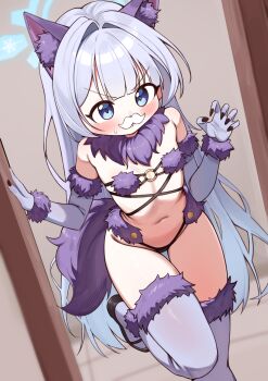 1girl animal_ear_fluff animal_ears blue_archive blue_eyes blue_halo cherino_(blue_archive) facial_hair fake_animal_ears fake_facial_hair fake_mustache fluffy fur_trim gloves halo hand_on_wall highres indoors led_winter loli long_hair mustache navel paw_gloves paw_pose purple_fur purple_thighhighs solo sweat thighhighs white_hair white_mustache wolf_ears