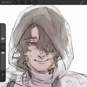 Rule 34 | 1boy, absurdres, alternate costume, apron, art program in frame, beard stubble, black apron, brown hair, close-up, closed mouth, coat, facial hair, gregor (project moon), grin, hair over one eye, highres, hood, hood up, hooded coat, limbus company, long hair, long sleeves, looking at viewer, low ponytail, male focus, official alternate costume, one eye covered, parted bangs, ponytail, procreate (software), project moon, r.b. (identity) (project moon), raincoat, see-through clothes, see-through coat, simple background, smile, smirk, solo, straight-on, stubble, sweater, turtleneck, turtleneck sweater, unworn eyewear, upper body, wet, wet clothes, white background, white sweater, yellow eyes