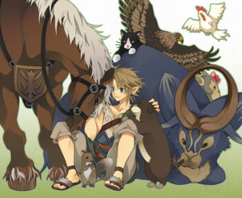 1boy animal bad_id bad_pixiv_id bird blonde_hair blue_eyes cat chicken dog eagle earrings epona goat horse jewelry kame_tora link male_focus monkey nintendo pointy_ears sheep squirrel the_legend_of_zelda the_legend_of_zelda:_twilight_princess