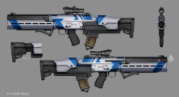 artist_name from_side grey_background gun highres hozumi_sousei magazine_(weapon) multiple_views no_humans original scope trigger weapon weapon_focus weapon_focus