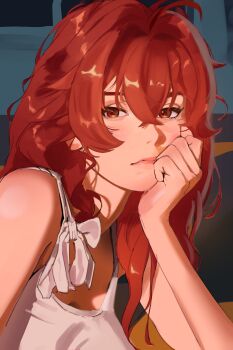 1girl absurdres ahoge blush breasts cleavage close-up crossed_bangs eris_greyrat hair_between_eyes hand_on_own_cheek hand_on_own_face head_rest highres kaoru_puripuri lipgloss long_hair looking_at_viewer mushoku_tensei portrait red_eyes red_hair ribbon sleeveless solo tank_top white_ribbon white_tank_top