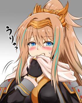 1girl aqua_hair armor blonde_hair blue_eyes blush brown_scarf clothes_grab commentary_request fingerless_gloves gloves half-closed_eyes headgear holding holding_unworn_clothes holding_unworn_scarf japanese_armor long_hair motion_lines multicolored_hair nagishy neckwear_grab ponytail raised_eyebrows scarf scarf_grab shoulder_armor sidelocks sleeve_cuffs sode solo teardrop tearing_up tenka_hyakken teppougiri_kanemitsu two-tone_hair unworn_scarf upper_body wavy_mouth