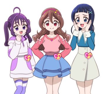 3girls :d ahoge aokaze_nana arched_bangs arms_behind_back bare_shoulders blue_eyes blue_hair blue_shirt blue_skirt blush brooch brown_hair clenched_hand closed_mouth clothing_cutout collarbone collared_shirt commentary contrast_collar cowboy_shot dot_nose double-parted_bangs drawstring eighth_note fortissimo grey_skirt hair_intakes hair_ornament hairband hands_on_own_cheeks hands_on_own_face heart heart_brooch heart_brooch_holder hood hood_down hoodie idol_heart_brooch_(precure) jewelry kimi_to_idol_precure legs_together long_hair long_sleeves looking_at_viewer looking_down medium_hair multiple_girls musical_note musical_note_hair_ornament onomekaman open_mouth pink_hairband pink_shirt precure purple_eyes purple_hair purple_hoodie purple_skirt purple_thighhighs red_eyes sakura_uta_(precure) shigure_kokoro shirt shoulder_cutout side-by-side simple_background skirt sleeve_cuffs smile split_mouth standing teeth thighhighs twintails upper_teeth_only white_background x_hair_ornament zettai_ryouiki