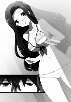 1boy 1girl absurdres bikini black_hair breasts cleavage highres long_hair mahouka_koukou_no_rettousei monochrome official_art saegusa_mayumi shiba_tatsuya source_request swimsuit tagme