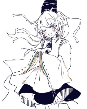 Rule 34 | 1girl, blush, commentary request, hat, highres, japanese clothes, kariginu, long hair, long sleeves, looking at viewer, mononobe no futo, mozukuzu (manukedori), one eye closed, open mouth, ponytail, ribbon-trimmed sleeves, ribbon trim, skirt, smile, solo, tate eboshi, touhou, wide sleeves