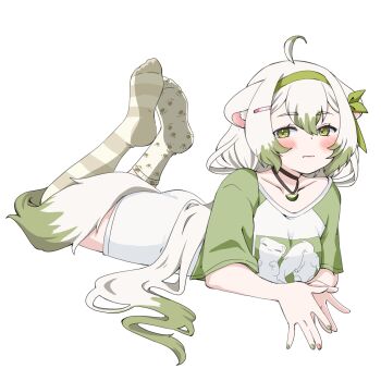 1girl absurdres ahoge animal_ears asymmetrical_legwear blush closed_mouth commentary english_commentary ferret_ears ferret_girl ferret_tail food fruit green_eyes green_hair green_hairband green_nails green_shirt green_tail green_thighhighs hairband highres jewelry lime_(fruit) lime_slice limealicious limealicious_(cozy) looking_at_viewer lying mayoineko mismatched_legwear multicolored_hair multicolored_nails necklace on_stomach oversized_clothes oversized_shirt paw_print pink_nails shirt single_thighhigh socks striped_clothes striped_thighhighs thighhighs twintails two-tone_hair two-tone_shirt vinesauce virtual_youtuber white_hair white_shirt white_tail