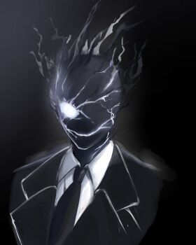 Rule 34 | 1boy, absurdres, black background, black necktie, black skin, black suit, black suit (blue archive), blue archive, collared shirt, colored skin, commentary request, cracked skin, formal clothes, glowing, glowing eye, hasarang, highres, looking at viewer, male focus, necktie, shirt, simple background, smile, solo, suit, upper body, white shirt