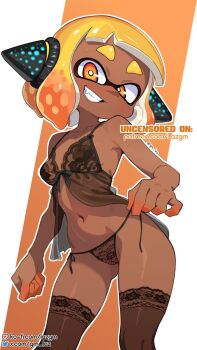 1girl agent_4_(splatoon) babydoll black_babydoll black_panties black_thighhighs blonde_hair blush breasts bright_pupils cameltoe collarbone colored_fingertips colored_inner_hair commentary contrapposto dark-skinned_female dark_skin english_commentary english_text fang gradient_hair grin head_tilt headphones highres holding holding_panties holding_underwear holding_unworn_clothes inkling ko-fi_logo ko-fi_username lace lace-trimmed_thighhighs lace_babydoll lace_panties lace_trim laz_gm lingerie looking_at_viewer lowleg lowleg_panties multicolored_hair navel nintendo nipples orange_background orange_eyes orange_hair paid_reward_available panties patreon_username see-through_clothes see-through_thighhighs short_hair side-tie_panties small_breasts smile solo splatoon_(series) splatoon_2 stomach sweat tentacle_hair thick_eyebrows thighhighs twitter_logo twitter_username underwear untied_panties white_background white_hair white_pupils
