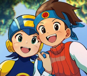 2boys bandana blue_bandana blue_bodysuit blurry blurry_background bodysuit brown_eyes brown_hair commentary english_commentary green_eyes holding_hands lan_hikari_(mega_man) looking_at_viewer male_focus mega_man_(series) mega_man_battle_network_(series) megaman.exe multiple_boys nanjima_command open_mouth short_hair upper_body