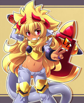 Rule 34 | 1girl, animal ears, animal feet, animal legs, armor, axe, bangle, black armor, blonde hair, bracelet, clenched teeth, commentary request, dark-skinned female, dark skin, faun, gigi grimheart, gold armor, grey tail, hair between eyes, holding, holding axe, horns, jewelry, katami shinta, knee pads, long hair, midriff, monster girl, multicolored armor, nail polish, navel, purple nails, red eyes, red horns, shinrabanshou, smile, solo, tail, teeth, v