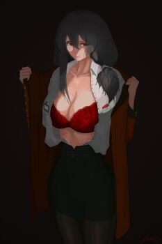1girl absurdres artist_name black_background black_hair black_pantyhose black_skirt bra breast_pocket breasts brown_eyes cleavage coat commentary condom condom_wrapper english_commentary girls'_frontline helianthus_(girls'_frontline) highres id_card mole mole_on_breast monocle nishibuya open_clothes open_coat pantyhose parted_lips pencil_skirt pocket red_bra red_coat shirt simple_background skirt solo underwear white_shirt