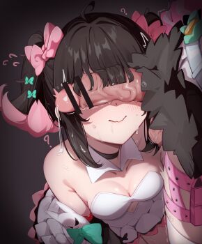 Rule 34 | 2girls, absurdres, ahoge, bar censor, bare shoulders, black hair, black skirt, blunt bangs, bow, breasts, censored, cleavage, closed mouth, clothing cutout, collarbone, commentary, futa with female, futanari, green bow, hair bow, highres, mawe127, medium breasts, multicolored hair, multiple girls, nangong yu, navel, navel cutout, penis, penis on face, penis over eyes, pink bow, pink hair, precum, pussy, short hair, skirt, smile, solo focus, sunna (zenless zone zero), sweat, twintails, two-tone hair, veins, veiny penis, zenless zone zero