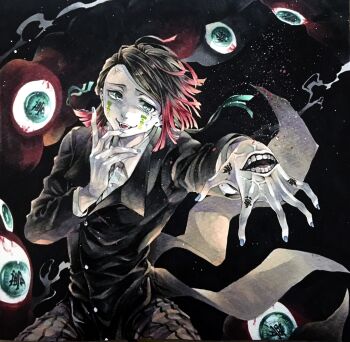 1boy asymmetrical_bangs black_background black_hair black_jacket blue_nails buttons coattails colored_tips commentary cowboy_shot demon_boy enmu_(kimetsu_no_yaiba) facial_mark fangs finger_tattoo flesh floating_clothes floating_hair floating_jacket foreshortening green_eyes grey_pants hand_to_own_mouth hand_up highres incoming_attack jacket kanji_tattoo kimetsu_no_yaiba kneeling light_particles long_sleeves male_focus marker_(medium) medium_hair misplaced_mouth monster multicolored_hair open_mouth outstretched_arm pants pinstripe_pants pinstripe_pattern reaching reaching_towards_viewer ruchi_(nxje5533) smile smoke suit_jacket symbol-shaped_pupils tailcoat tattoo tears_facial_mark teeth too_many_eyes traditional_media trap undershirt veins veiny_eyes veiny_face veiny_hands wind