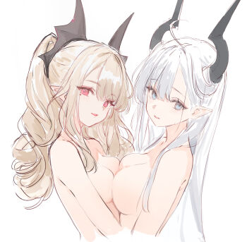 2girls :d absurdres ahoge asymmetrical_docking bat_wings black_horns blonde_hair blue_eyes breast_press breasts commentary completely_nude demon_girl demon_horns hair_lift hair_on_horn head_wings highres horns large_breasts long_hair long_sidelocks looking_at_viewer mole mole_under_eye multiple_girls nekojira nude open_mouth original pointy_ears red_eyes ringlets sidelocks simple_background smile symbol-only_commentary tareme thea_(nekojira) twintails white_background white_hair wings