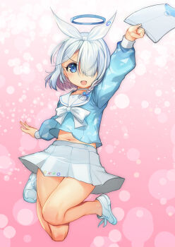 1girl absurdres arona_(blue_archive) blue_archive blue_eyes blue_hair blue_halo blue_shirt bow_hairband choker colored_inner_hair commentary_request envelope hair_over_one_eye hairband halo highres jumping long_sleeves multicolored_hair neckerchief open_mouth pink_background pink_hair sailor_collar school_uniform serafuku shirt short_hair skirt solo white_choker white_hairband white_neckerchief white_sailor_collar white_skirt yashin_(yasinz)