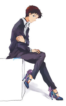 Rule 34 | 1boy, absurdres, black hair, black jacket, black pants, black suit, blue eyes, closed mouth, collared shirt, crossdressing, crossdressing (mtf), dss choker, formal clothes, from side, high heels, highres, ikari shinji, jacket, looking at viewer, male focus, neon genesis evangelion, pants, rebuild of evangelion, shirt, short hair, simple background, sitting, solo, suit, suit jacket, white background, white shirt, yorumi1117