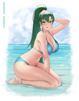 1girl alternate_costume arm_behind_head arm_up armpits bare_arms bare_legs barefoot beach bikini blue_bikini breasts cleavage earrings fire_emblem fire_emblem:_the_blazing_blade green_eyes green_hair high_ponytail jewelry kaos_art kneeling large_breasts legs long_hair looking_at_viewer lyn_(fire_emblem) navel nintendo ocean open_mouth outdoors ponytail seiza sideboob sitting smile solo stomach swimsuit underboob very_long_hair