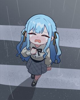 Rule 34 | 1girl, absurdres, bang dream!, bang dream! it's mygo!!!!!, black ribbon, blue hair, blush, closed eyes, commentary, crosswalk, crying, hair ribbon, highres, jorang (jorang08), long hair, mary janes, open mouth, outdoors, plaid clothes, plaid skirt, rain, ribbon, sad, shirt, shoes, skirt, sobbing, socks, solo, togawa sakiko, two side up, white shirt, white socks