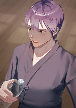 1boy absurdres bottle collarbone commentary_request green_eyes highres holding holding_bottle japanese_clothes kenmochi_touya kimono magurosamm male_focus nijisanji open_mouth purple_hair short_hair solo upper_body virtual_youtuber wooden_floor