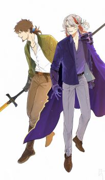 Rule 34 | 2boys, azi pra, belt, black belt, brown belt, brown hair, brown shoes, cape, collared shirt, commentary request, facial hair, fate/grand order, fate (series), full body, gloves, goatee, grey pants, hector (fate), highres, holding, holding polearm, holding weapon, long sleeves, male focus, multicolored hair, multiple boys, odysseus (fate), pants, pectoral cleavage, pectorals, polearm, ponytail, purple cape, purple gloves, purple shirt, shirt, shoes, side cape, standing, streaked hair, weapon, white background, white shirt