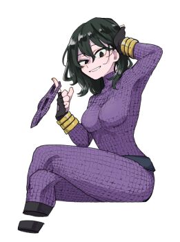 1girl black_eyes blush bodysuit boku_no_hero_academia breasts eye_mask fingerless_gloves gloves green_eyes green_hair grin hair_between_eyes highres large_breasts long_hair looking_at_viewer mask open_mouth purple_bodysuit purple_mask sharp_teeth simple_background smile solo superhero_costume teeth tokage_setsuna ughama white_background