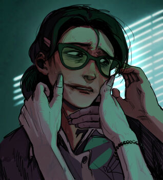 2girls absurdres adjusting_eyewear administrator_(tf2) age_difference bead_bracelet beads black-framed_eyewear black_eyes black_hair black_nails bracelet braid bright_pupils commentary english_commentary eyeshadow fingernails frown glasses hair_bun hand_on_another&#039;s_face hand_up highres jewelry lips lipstick long_fingernails long_hair makeup messy_hair miss_pauling multiple_girls nose nostrils oblique-lane old old_woman out_of_frame parted_lips portrait round_eyewear single_hair_bun smeared_lipstick solo_focus sweat team_fortress_2 upper_body white_pupils yuri